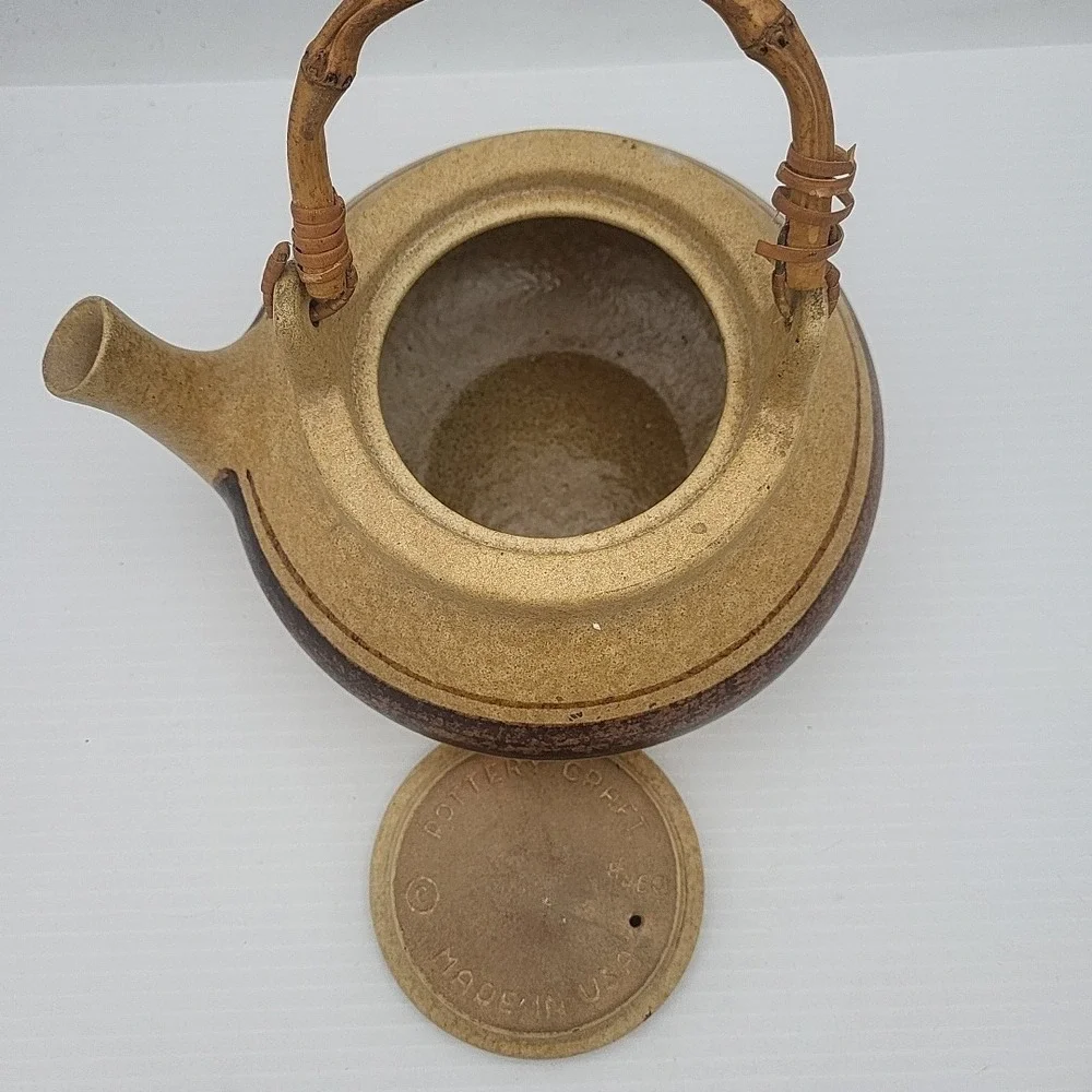 Vintage Pottery craft  Brown Cream Bamboo Handle Tea/ Coffee‎ pot